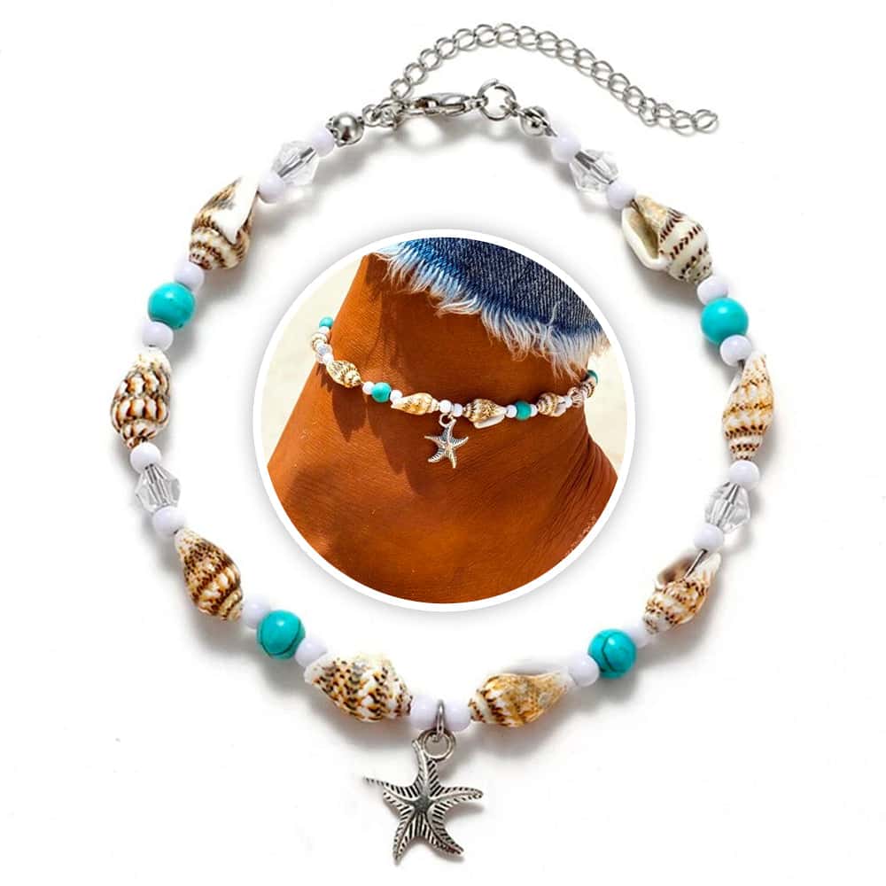 Shell Anklet Small Canarium, Pearls And Starfish