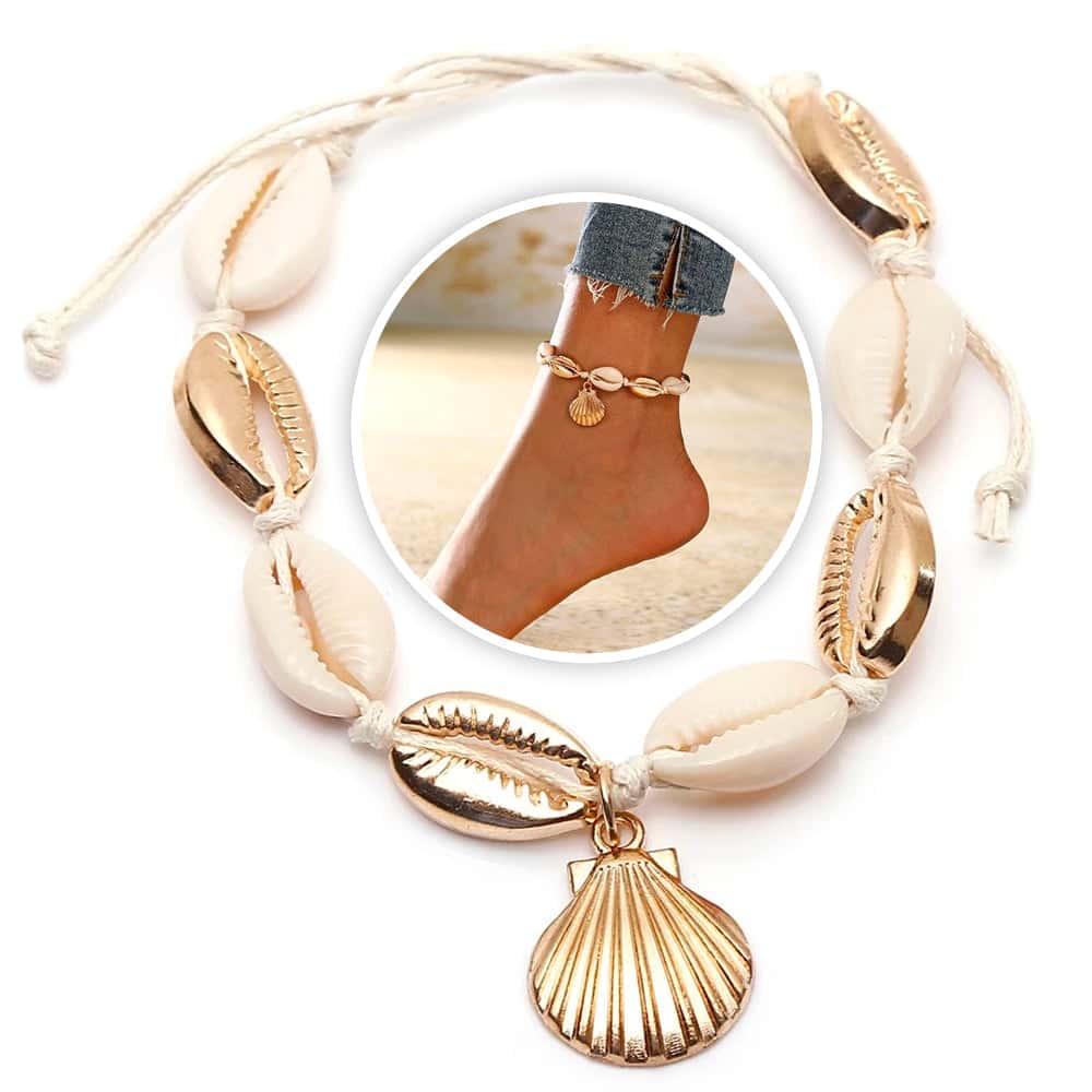 Shell Anklet Golden Cowrie And Scallop Shell