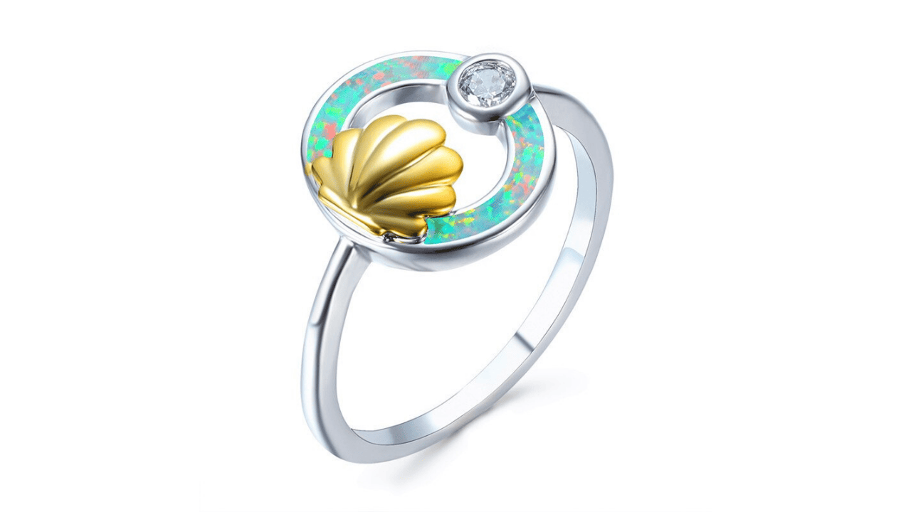 Shell Ring Engagement With White Fire Opal