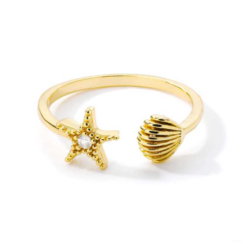 Shell Ring Gold Starfish With Embedded Pearl