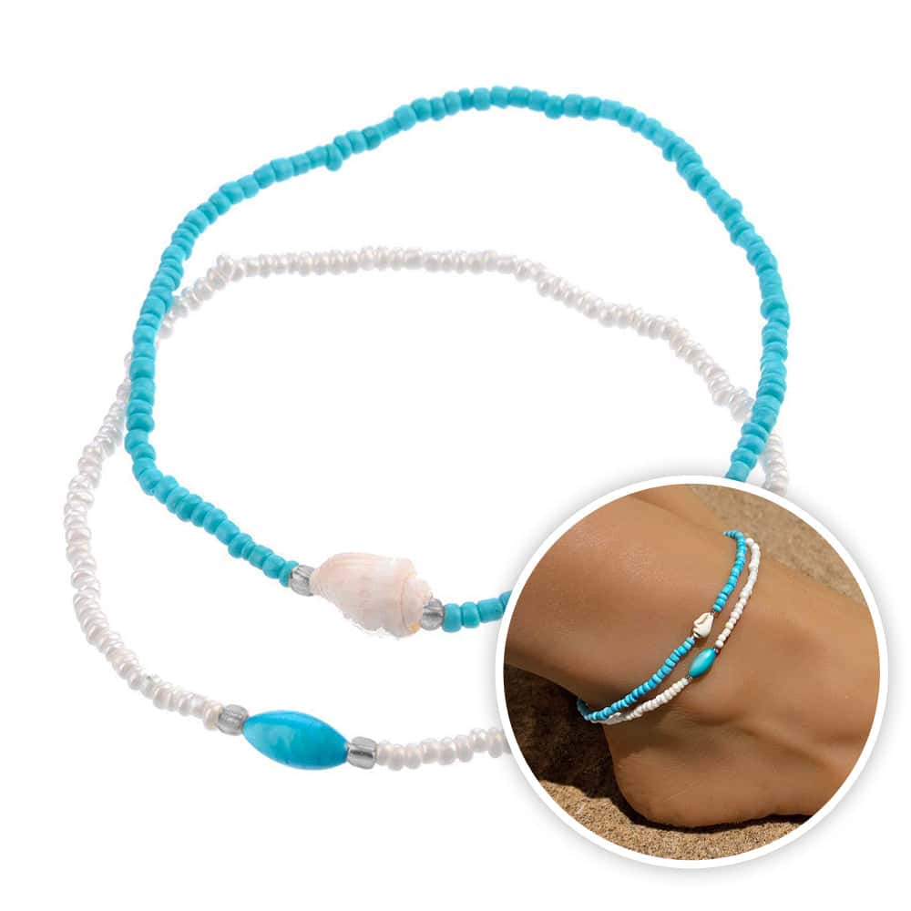 Shell Anklet White And Blue Pearls