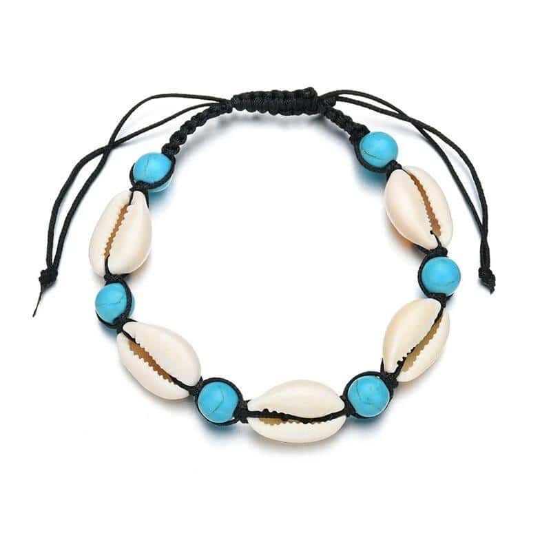 Shell Bracelet Cowrie, Blue Pearls And Black Cord