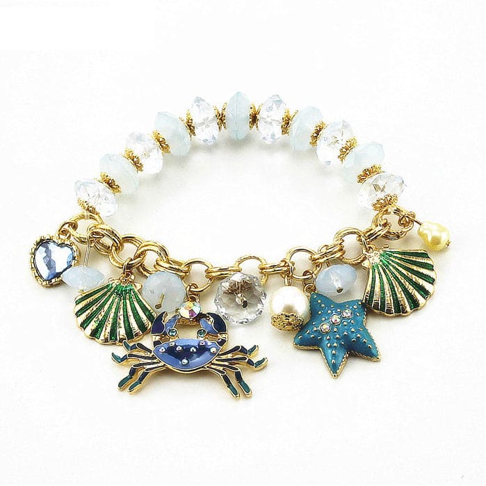 Shell Bracelet Pearls, Crab, Scallop Shells And Starfish