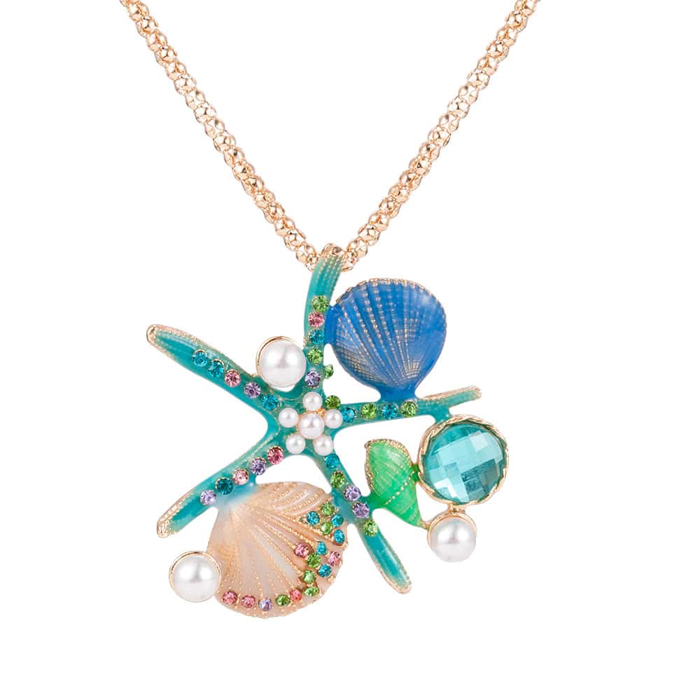 Shell Necklace Turquoise Starfish, Pearls, And Glitter Necklace