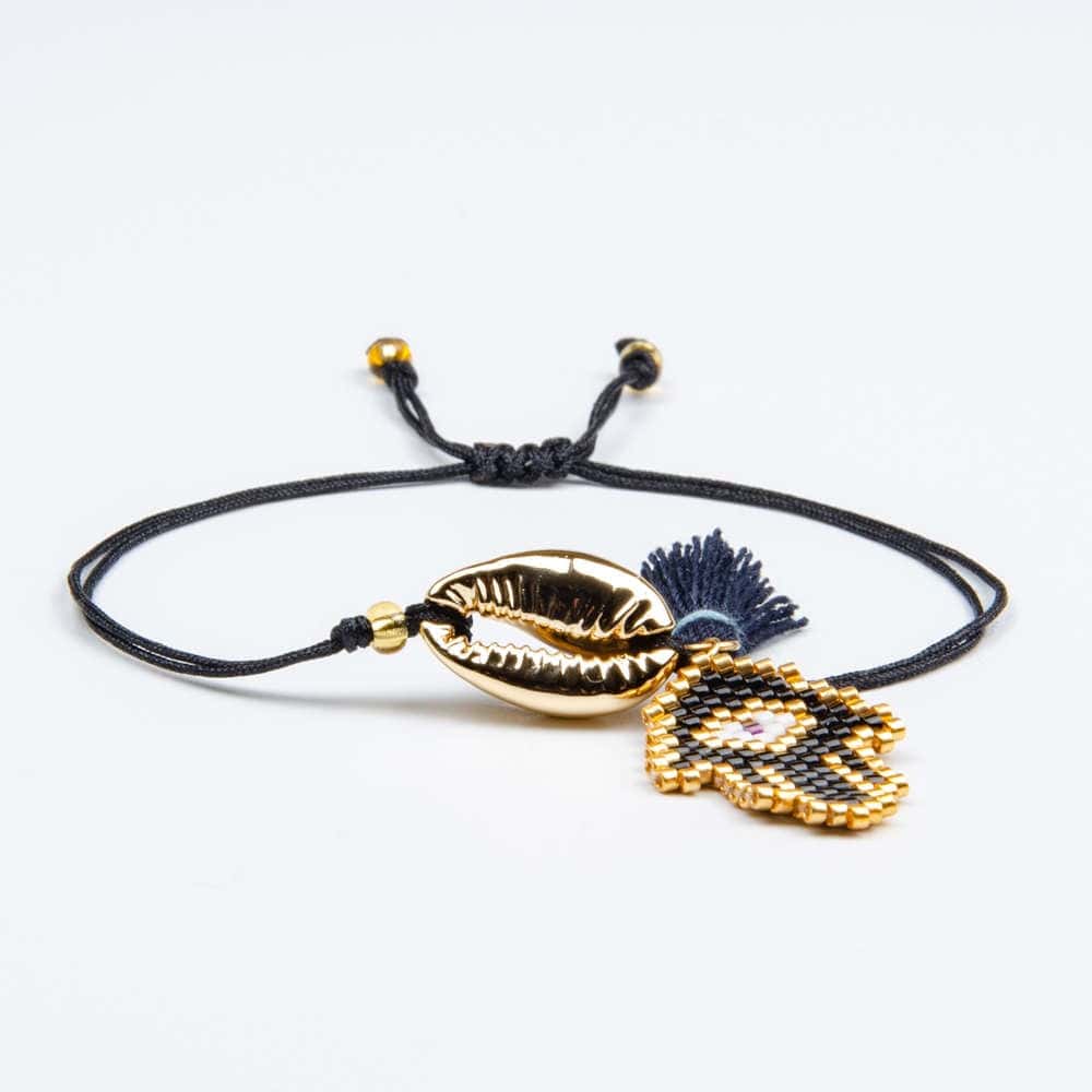 Shell Bracelet Midnight Blue Hand Of Fatima Cowrie Gold
