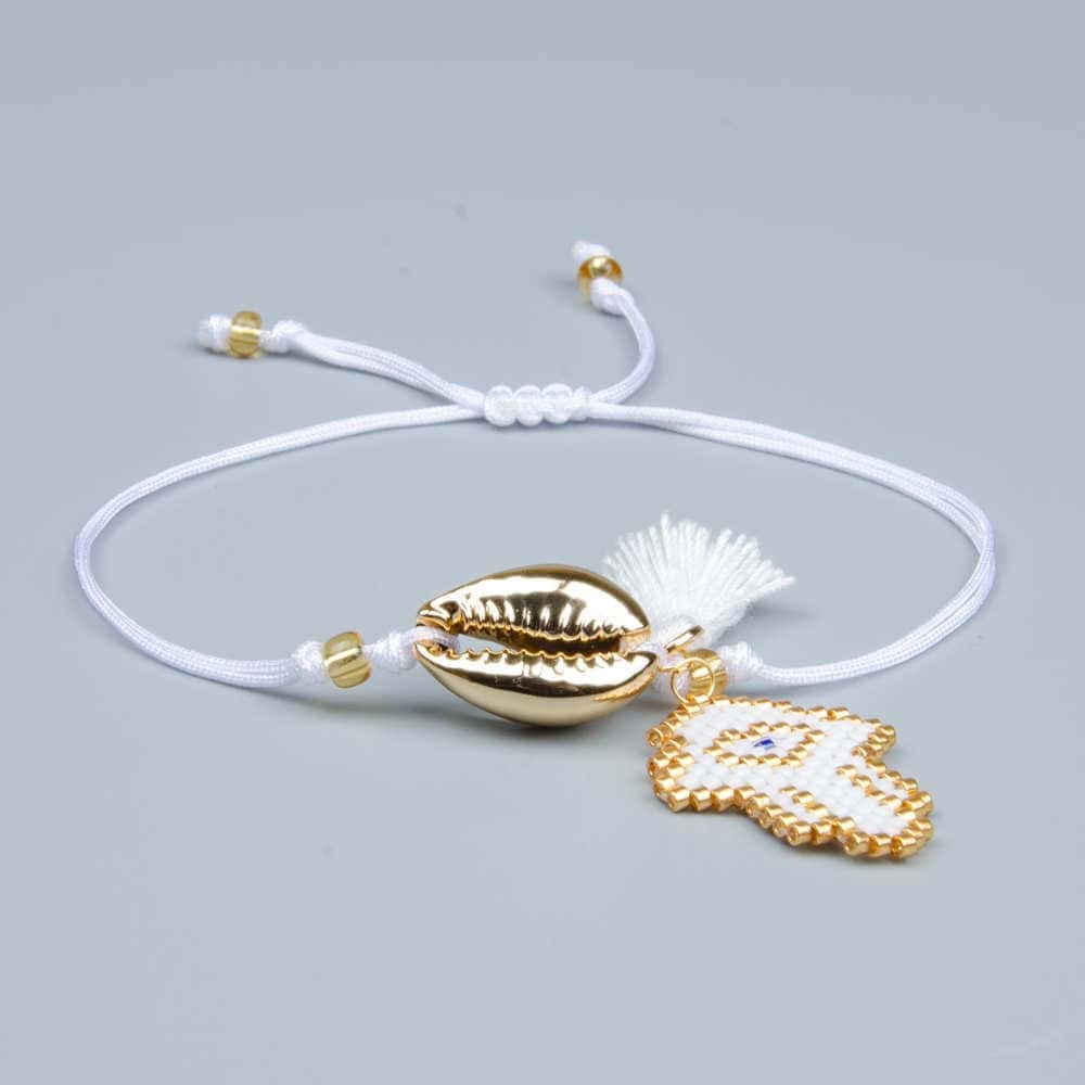 Shell Bracelet White Hand Of Fatima Cowrie Gold