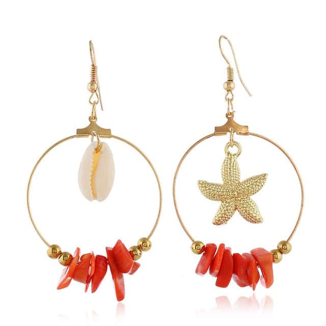 Shell Earrings Cowrie, Starfish, And Red Stones Hoop Earrings