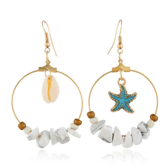 Shell Earrings Cowrie, Blue Starfish Hoop Earrings