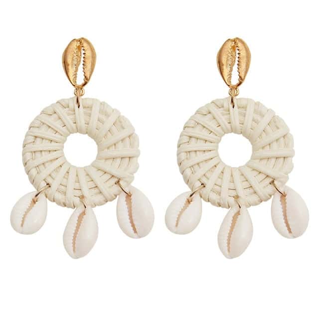 Shell Earrings Cowries And Woven Straw