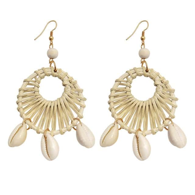 Shell Earrings Cowrie And Woven Straw