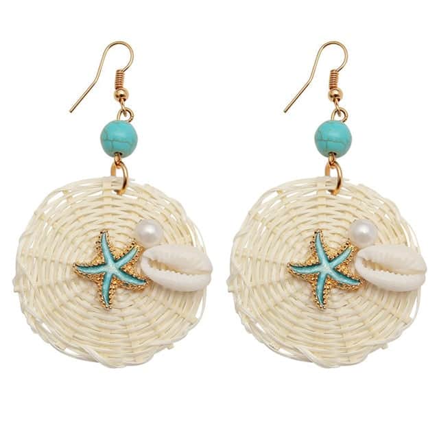 Shell Earrings Woven Straw And Starfishes