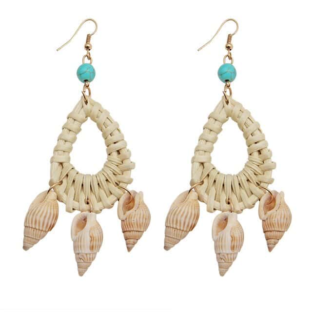 Shell Earrings Woven Straw And Pearls