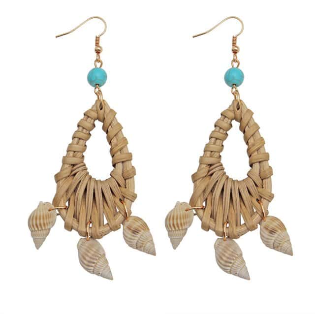 Shell Earrings Rattan And Blue Stones