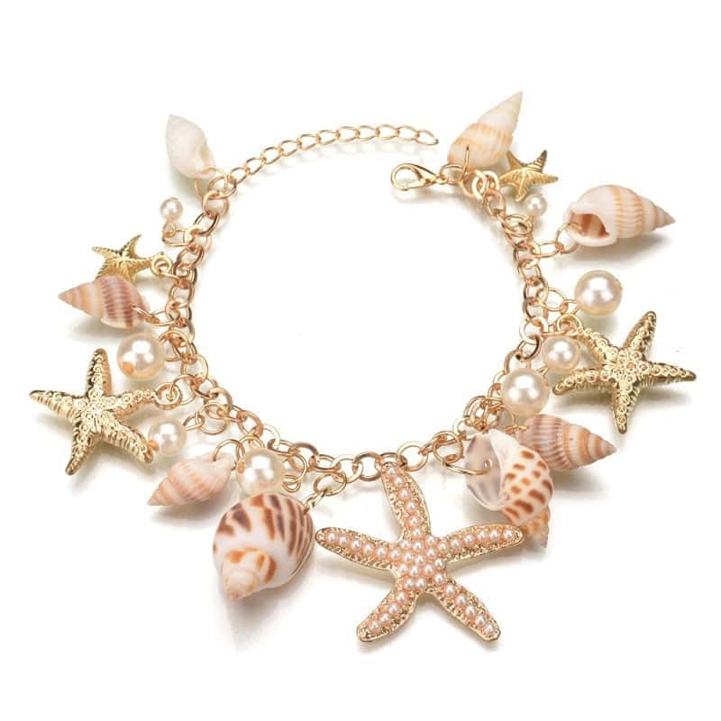 Shell Bracelet Charm With Starfishes And Pearls