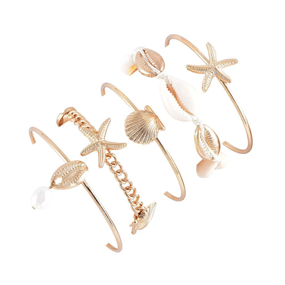 Shell Bracelet Multiple 5 Pieces, Pearls, Cowrie And Starfish