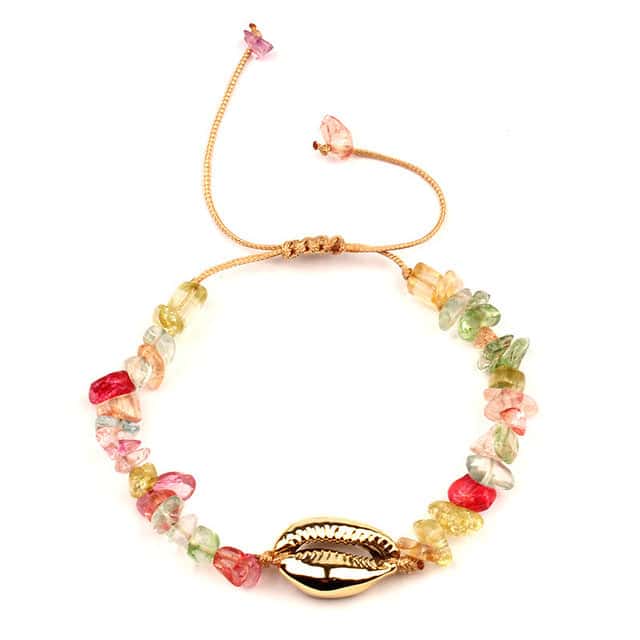 Shell Bracelet Golden Cowrie And Multicolor Stones