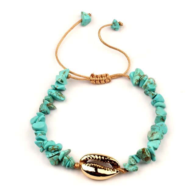 Shell Bracelet Golden Cowrie And Turquoise Stones