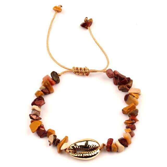 Shell Bracelet Golden Cowrie And Brown Stones