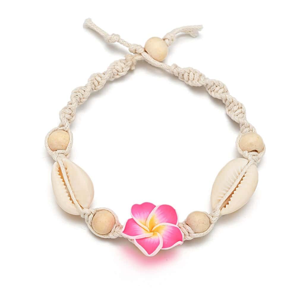 Shell Anklet White Cowrie And Pink Flower