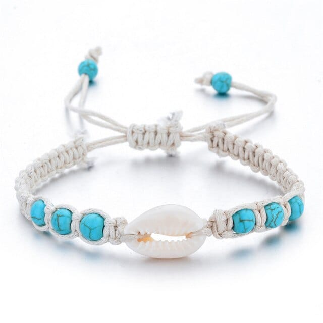 Shell Bracelet White Cowrie And Blue Pearls