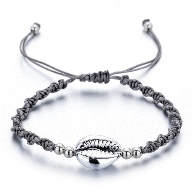 Shell Bracelet Silver Cowrie And Gray Cord
