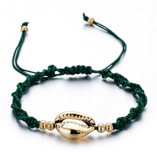 Shell Bracelet Golden Cowrie And Green Cord