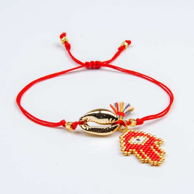 Shell Bracelet Red Hand Of Fatima Cowrie Gold
