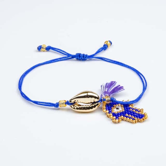Shell Bracelet Blue Hand Of Fatima Cowrie Gold