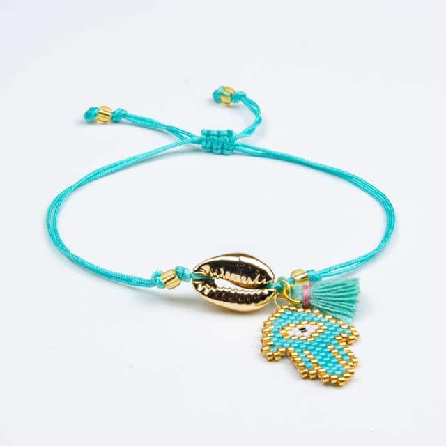Shell Bracelet Turquoise Hand Of Fatima Cowrie Gold