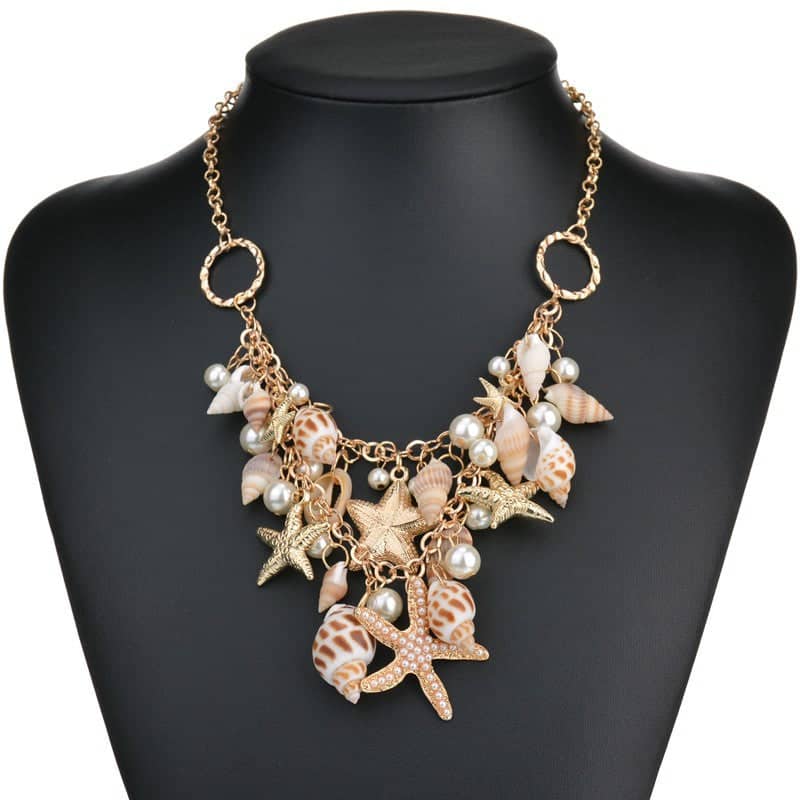 Shell Necklace Charm With Starfish And Beads