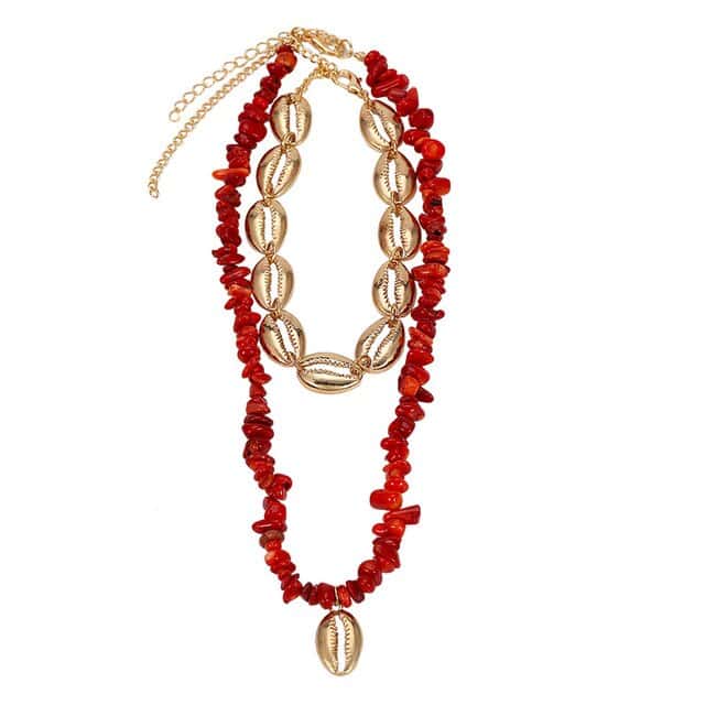 Shell Necklace Golden Cowrie And Red Beads