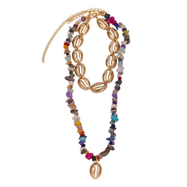 Shell Necklace Golden Cowrie And Multicolored Beads