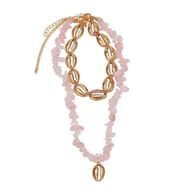 Shell Necklace Golden Cowrie And Pink Beads