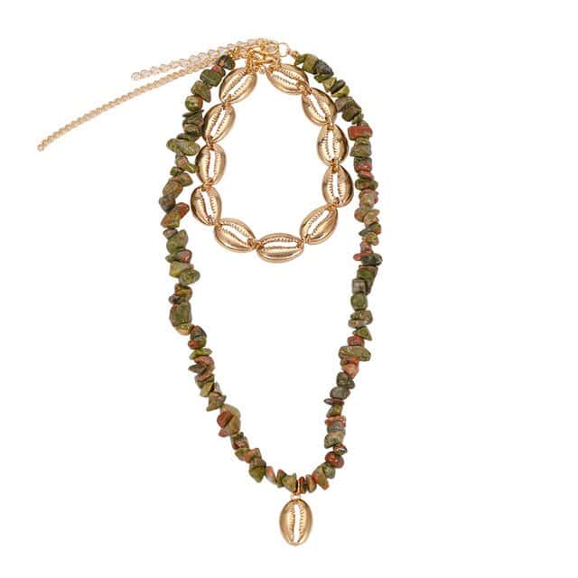 Shell Necklace Golden Cowrie And Green Beads