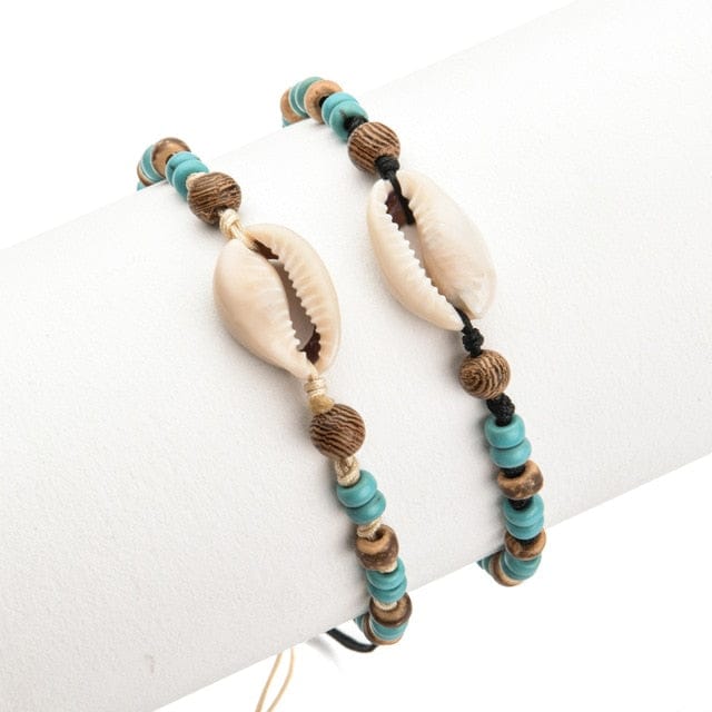 Shell Bracelet Double Cowrie, Wood, And Pearls