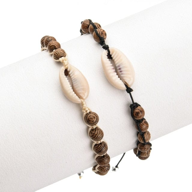 Shell Bracelet Double Cowrie And Wood Pearls