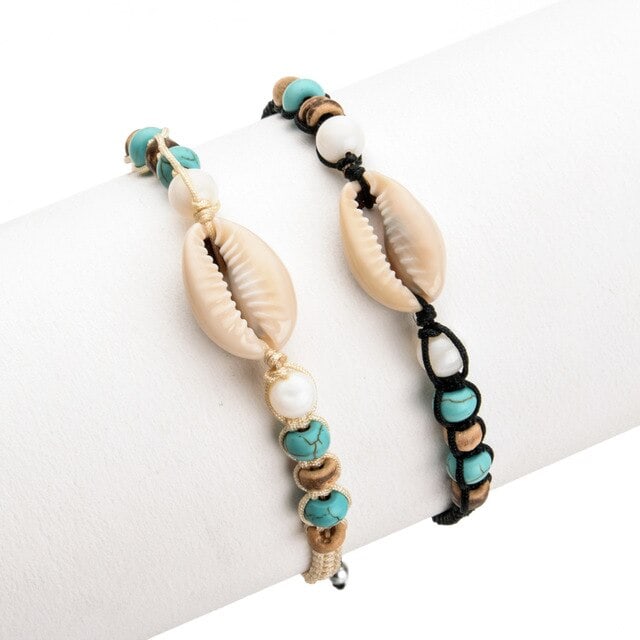 Shell Bracelet Double Cowrie And White Pearls